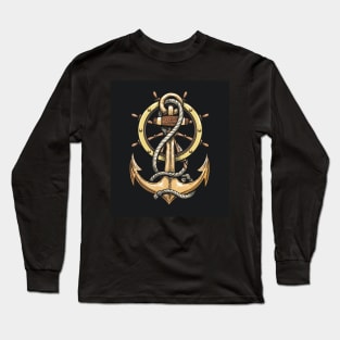 Ship Anchor and Steering Wheel drawn in Tattoo style. Long Sleeve T-Shirt